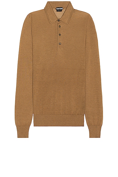 TOM FORD Piquet Long Sleeve Polo In Camel