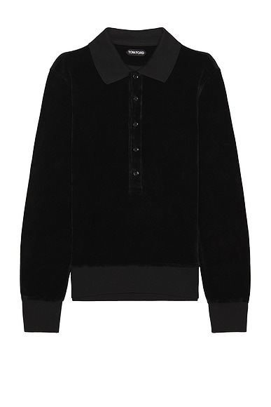 TOM FORD Velour Long Sleeve Polo in Black