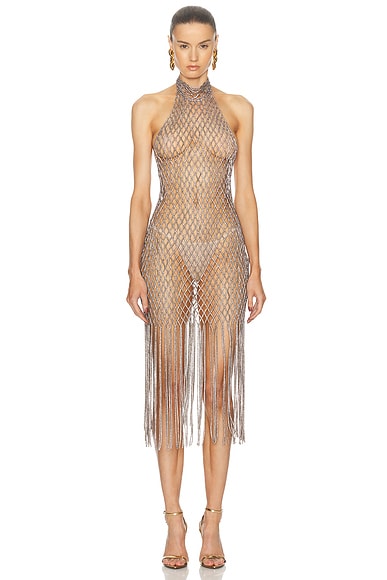 TOM FORD Halterneck Fringe Cocktail Dress in Soft Beige