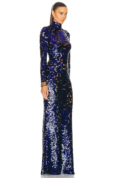 Shop Tom Ford Snake Sequins Long Sleeve Evening Dress In Cobalt Blue