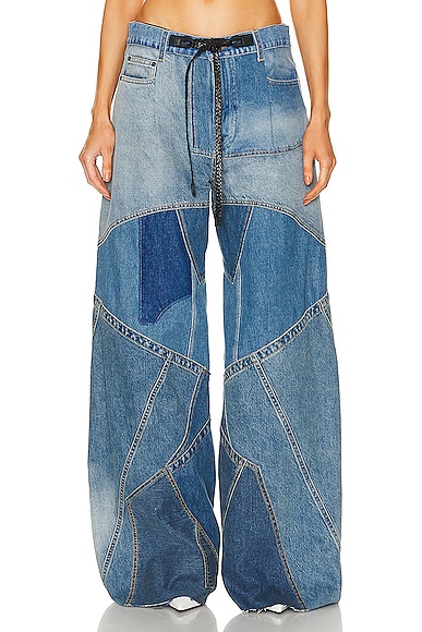 Tom Ford Leather-detailed Vintage Patchwork Denim Wide-leg Trousers In Blue