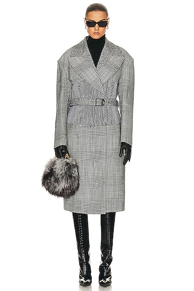 Shop Tom Ford Prince Of Wales Belted Coat In Black & Chalk