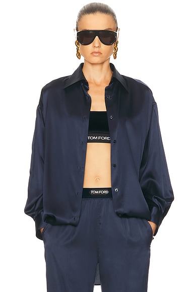 TOM FORD Silk Satin Relaxed Shirt in Dark Navy