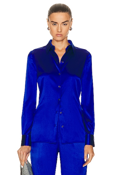 Tom Ford Stretch Silk Satin Fitted Shirt In Blue