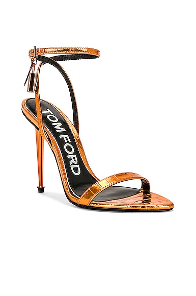 Shop Tom Ford Metallic Stamped Croc Padlock Pointy Naked 105 Sandal In Clementine