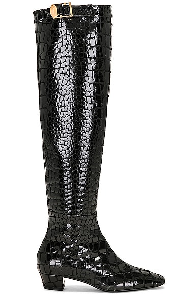 Printed Croco 90's Over the Knee Boot in Black