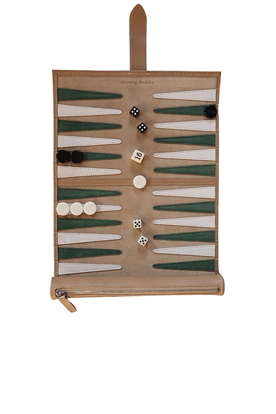 Throwing Doubles Tulum Travel Backgammon Board in Green, White, & Beige