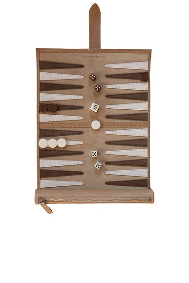 Throwing Doubles Byron Travel Backgammon Board in Brown, White, & Beige