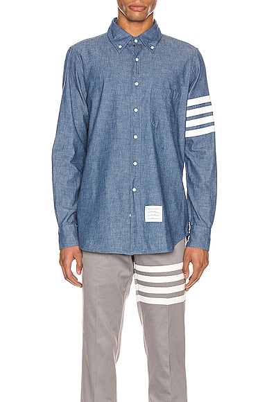 Thom Browne Straight Fit Button Down Long Sleeve Shirt in Blue