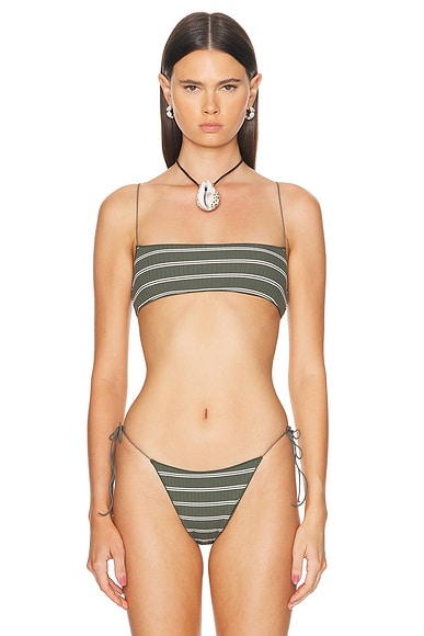 Shop Tropic Of C The C Bikini Bralette In White & Olive Stripe Rib
