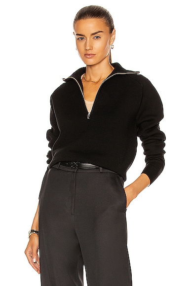 Toteme Merino Wool Zip Knit Sweater in Black | FWRD