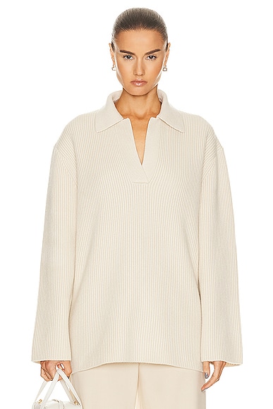 Ribbed Polo Knit Sweater in Beige