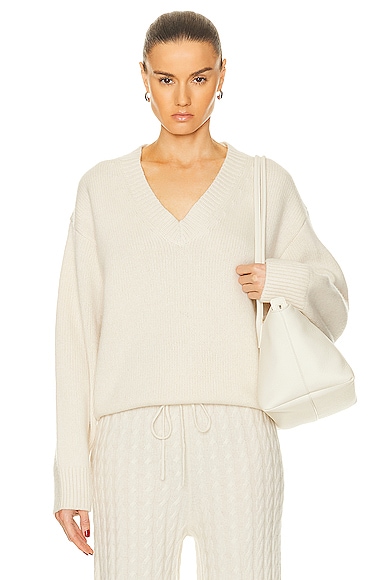Toteme V Neck Wool Cashmere Knit Sweater in Snow