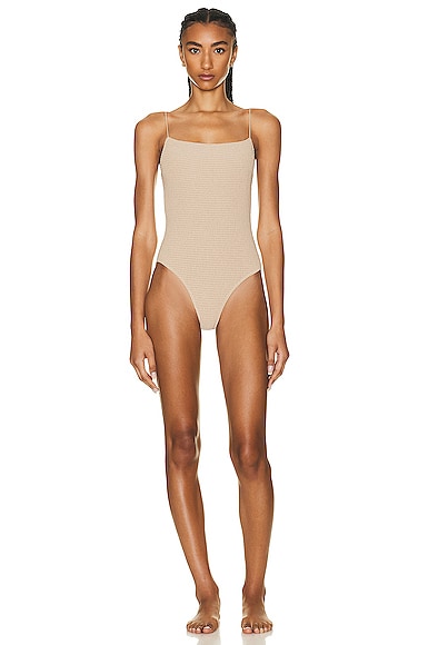 Toteme Smocked One Piece Swimsuit in Overcast Beige | FWRD Toteme Smocked One Piece Swimsuit in Overcast Beige | FWRD
