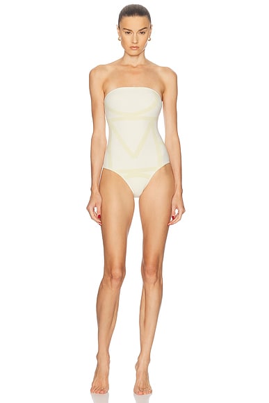 Toteme Monogram Strapless One Piece Swimsuit in Ecru & Straw