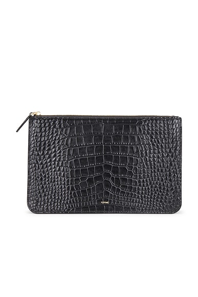 Toteme Threefold Croco Embossed Clutch in Black