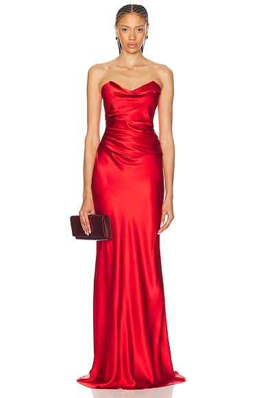 The Sei Cowl Bustier Gown in Crimson