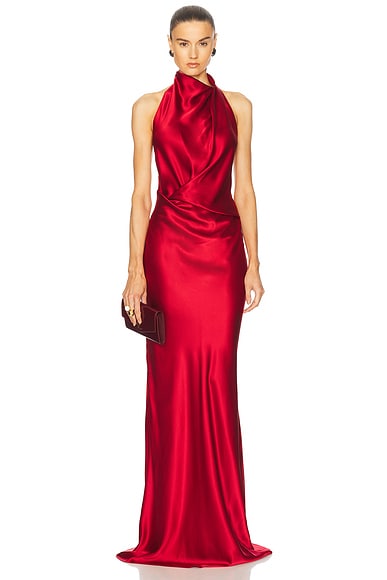The Sei Halter Drape Bias Gown in Cherry