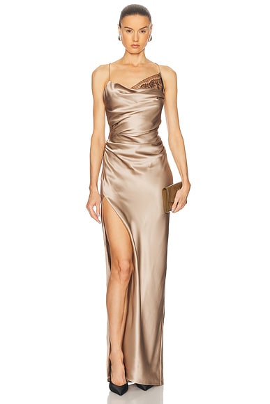 The Sei Lace Inset Cowl Gown in Fossil