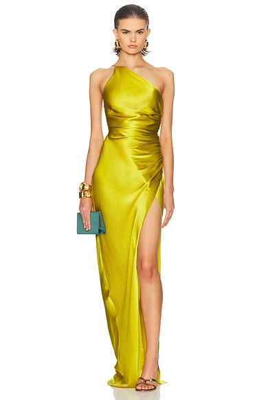 The Sei Asymmetric Gathered Wrap Gown in Yuzu