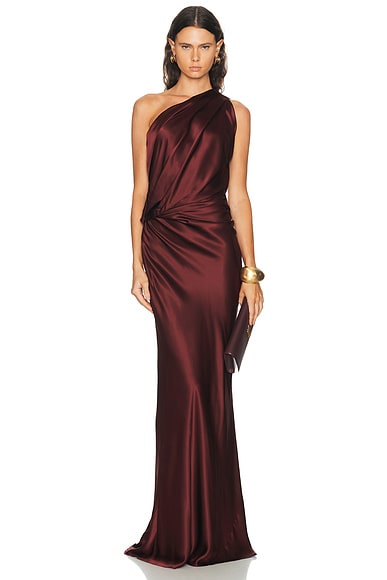The Sei Draped One Shoulder Gown in Henna