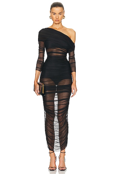 Shop The Sei Long Sleeve Asymmetric Dress In Black