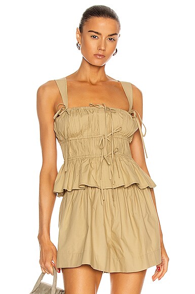 Ulla Johnson Lulu Tie-detailed Gathered Cotton-poplin Top In Khaki