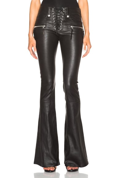 Unravel Lace Front Flare Leather Pants In Black Fwrd