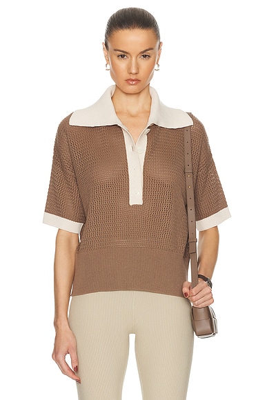 Shop Varley Finch Knit Polo Top In Taupe & Whitecap Grey