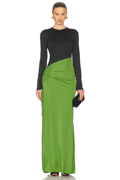 Victoria Beckham Long Sleeve Ruched Gown in Black & Algae