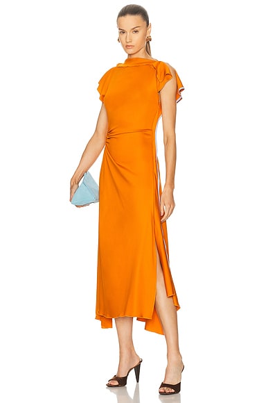 Drape Sleeve Midi Dress in Sunset Orange