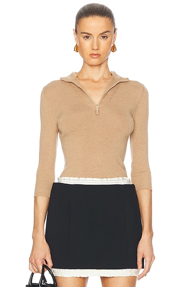 Victoria Beckham Half Zip Short Sleeve Top in Sandstorm