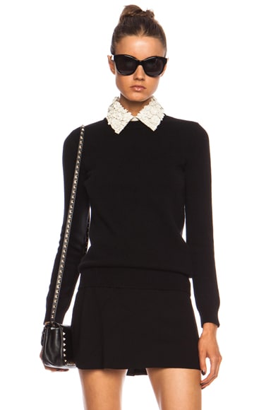 Valentino Crewneck Wool-Blend Sweater with Leather Flower Collar in ...
