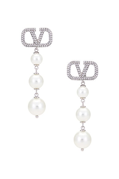 Valentino Garavani V Logo Signature Pearl Earrings in Palladium, Cream, & Crystal