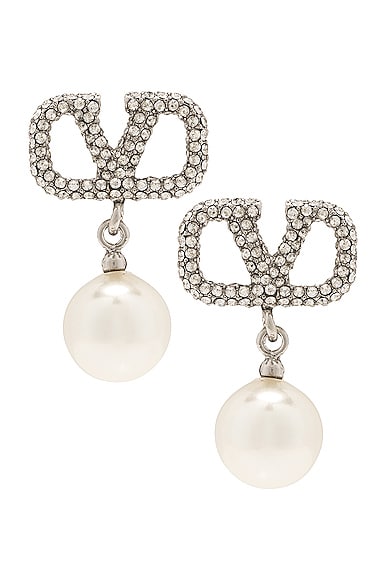 Valentino Garavani V Logo Signature Pearl Earrings in Palladio, Cream, & Crystal Silver Shade