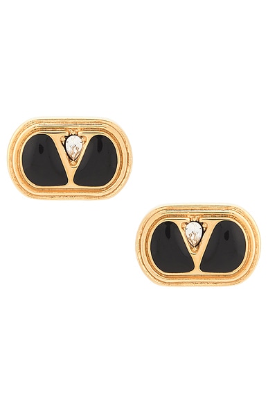 Valentino Garavani Logo Earrings in Oro, Nero, & Crystal