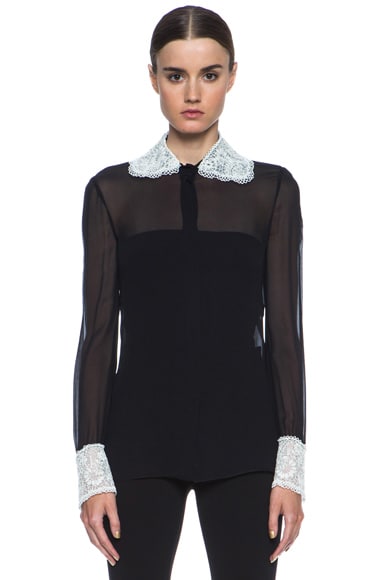 Valentino Embroidered Collar & Cuff Embellished Silk Blouse in Black | FWRD