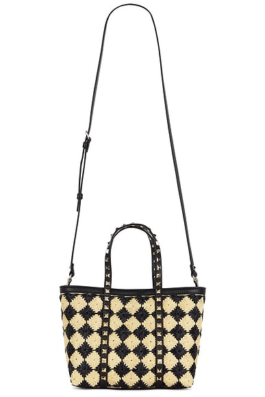 Valentino Garavani Raffia Mini Rockstud Tote Bag in Naturale & Nero