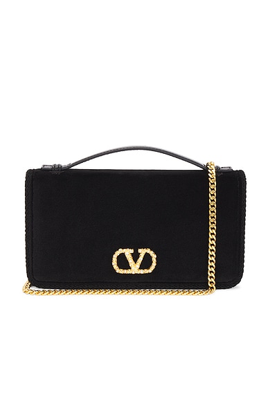 Valentino Garavani V Logo Velvet Wallet With Strap in Nero