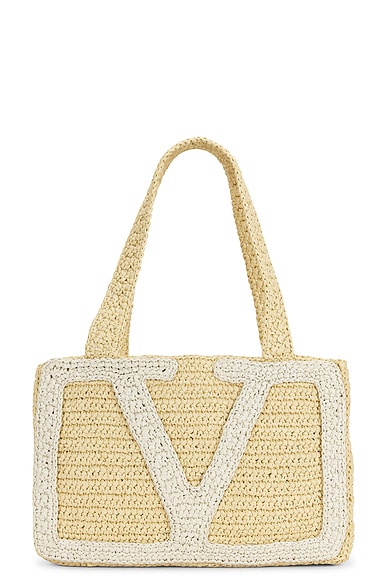 Valentino Garavani Crochet Raffia Viva Superstar Medium Tote Bag in Naturale & Butter White