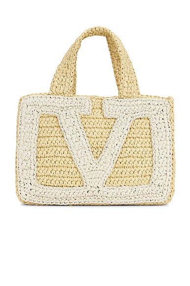 Valentino Garavani Crochet Raffia Viva Superstar Small Tote Bag in Naturale & Butter White
