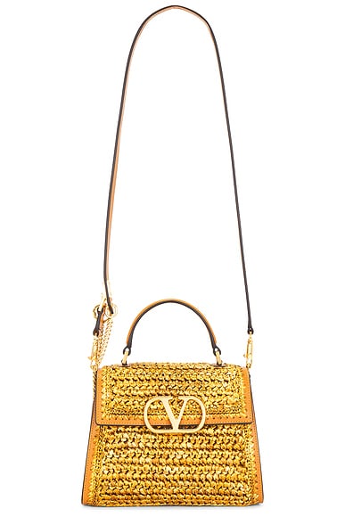 Valentino Garavani Crochet Raffia VSLING Top Handle Bag in Multicolor Oro & Golden Cuir
