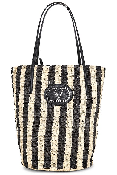 Valentino Garavani Crochet Raffia VLogo Signature Bucket Bag in Naturale & Nero