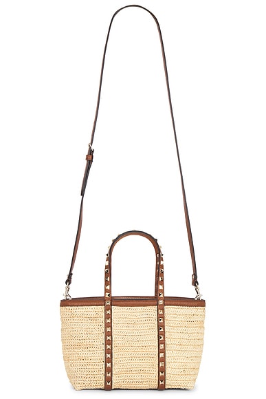 Valentino Garavani Crochet Raffia Rockstud Mini Tote Bag in Naturale & Selleria