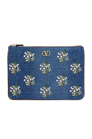 Valentino Garavani V Logo Signature Medium Flat Pouch in Denim, Multicolor, & Tabac Brown