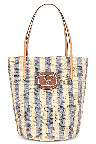 Valentino Garavani Crochet Raffia VLogo Signature Bucket Bag in Naturale, Azzurro, Natural Camel, & Selleria