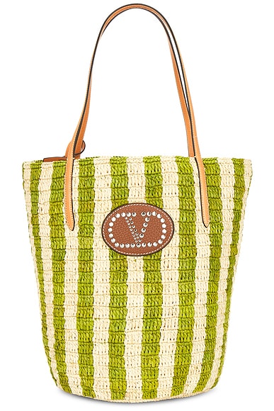 Valentino Garavani Crochet Raffia VLogo Signature Bucket Bag in Naturale, Verde, Natural Camel, & Selleria