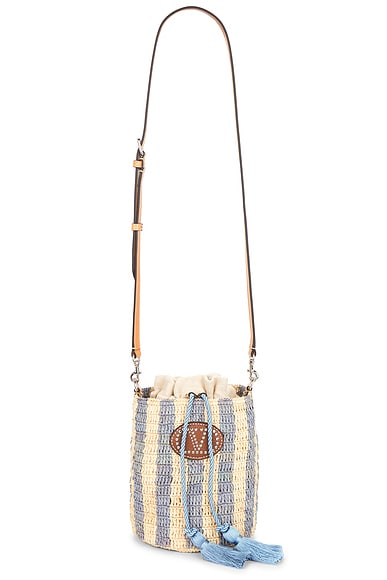Valentino Garavani Crochet Raffia VLogo Signature Small Bucket Bag in Azzurro, Naturale, Natural Camel, & Selleria
