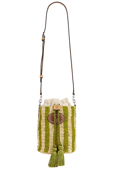 Valentino Garavani Crochet Raffia VLogo Signature Small Bucket Bag in Verde, Naturale, Natural Camel, & Selleria