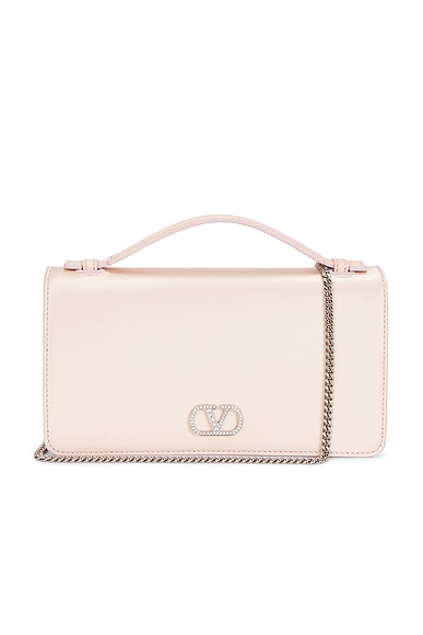 Valentino Garavani V Logo Signature Wallet With Strap in Rosa & Crystal